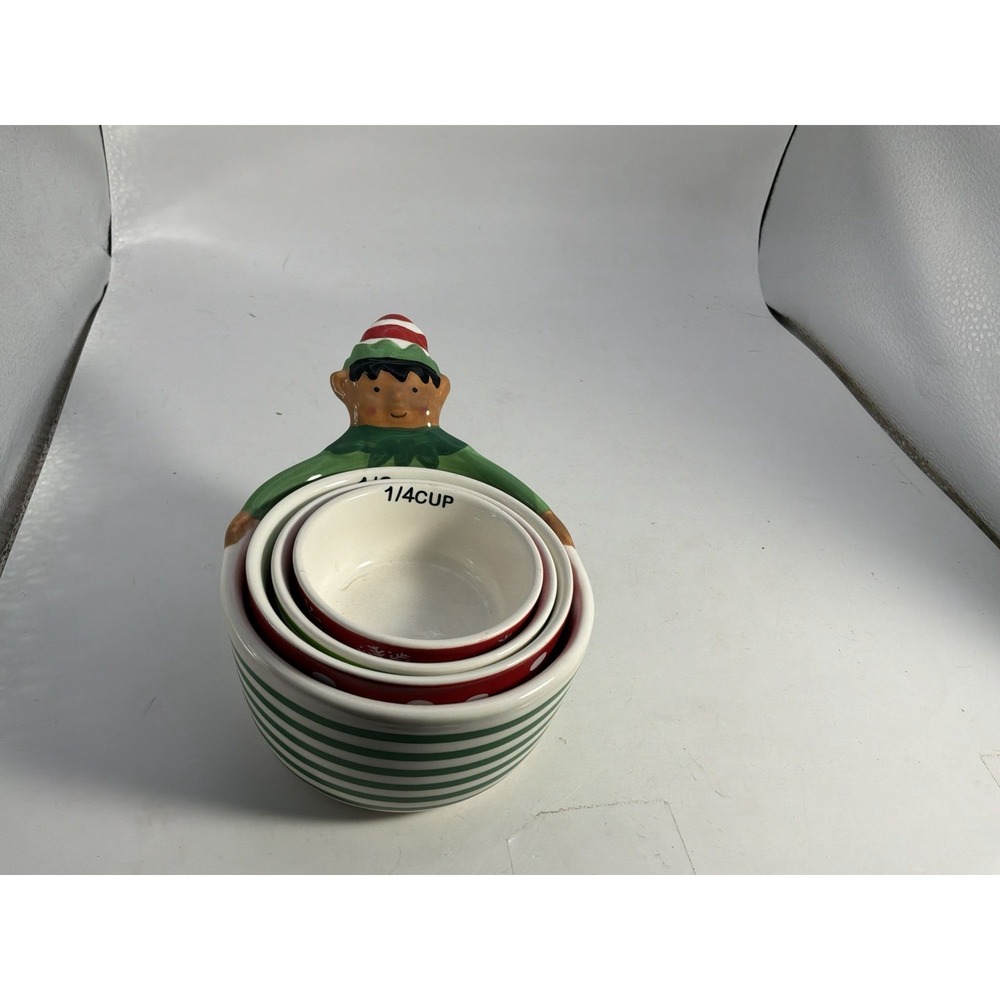 Christmas Elf Nesting Measuring Cups Set of 4 Holiday Time Stoneware Ceramic NEW